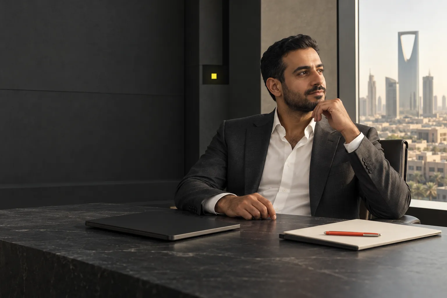 A founder in a Riyadh office looking out over the city skyline