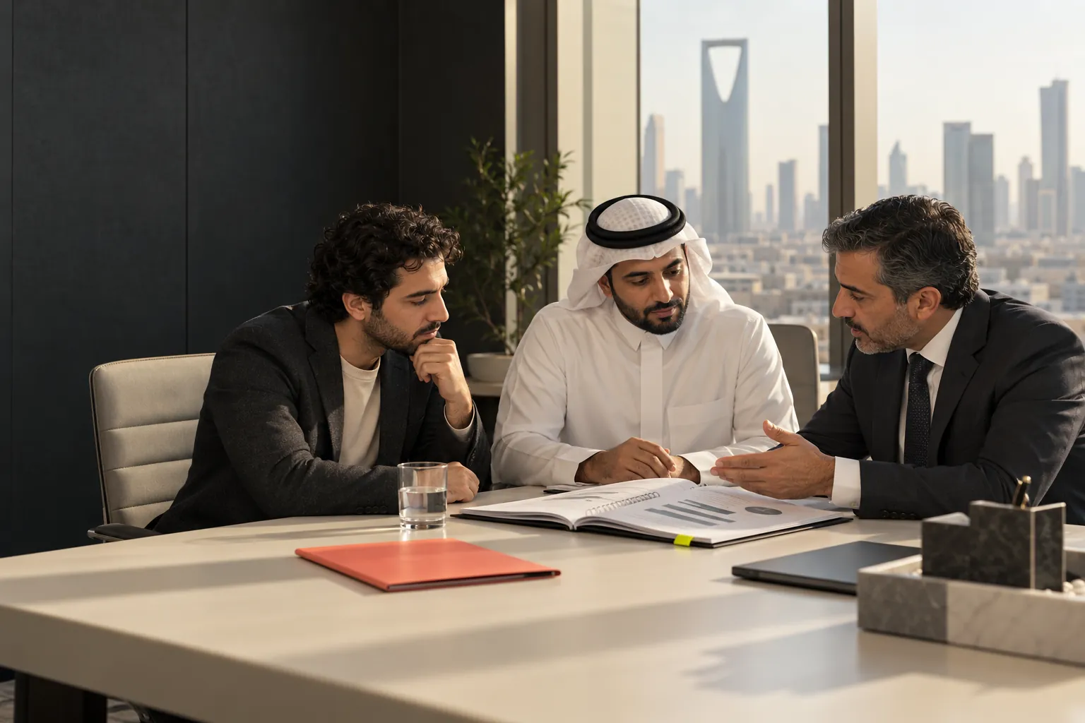 A Tamem team reviewing a financial plan with a client in Riyadh